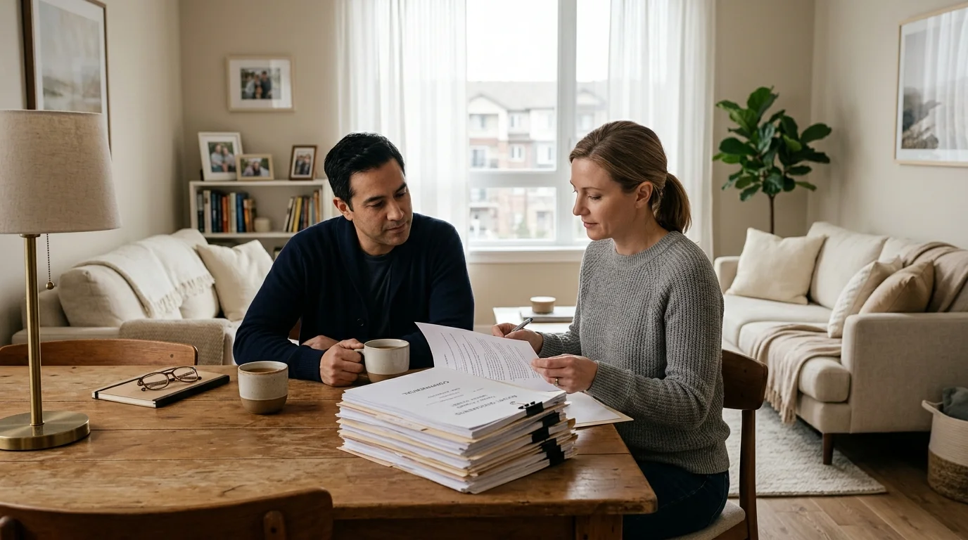 Conceptual image of a family apartment with a stack of court papers on a table